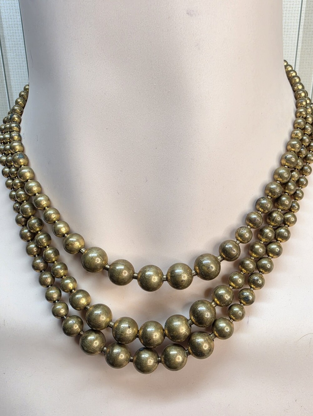 Vintage Triple Strand Gold Tone Bead Collar Necklace Statement Piece